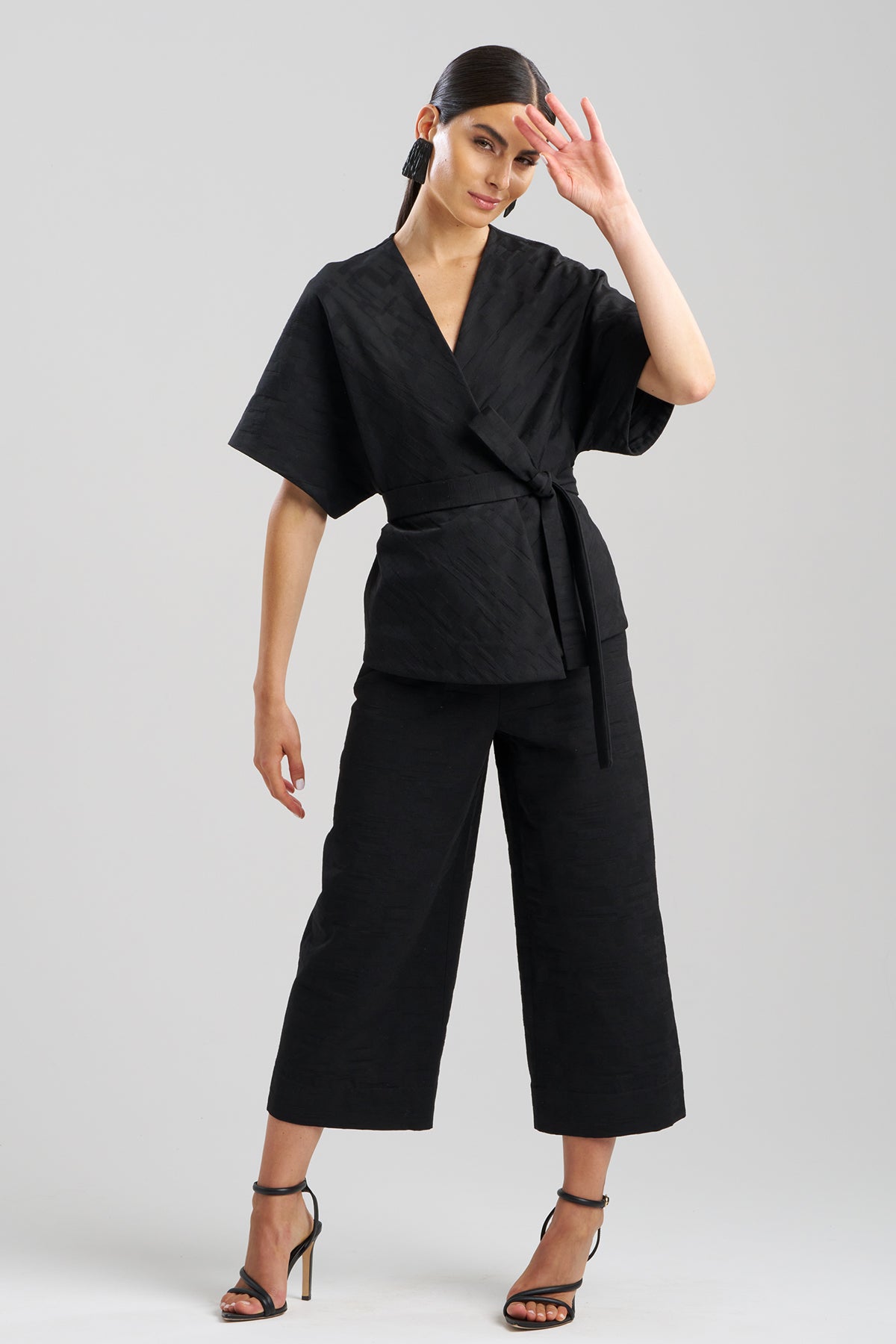 Geo Texture Jacquard Kimono Wrap Top Black Natori