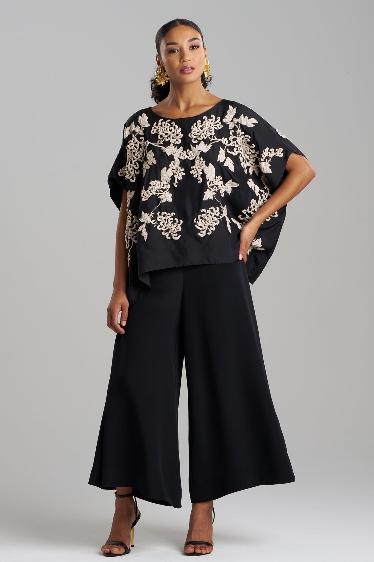 Couture Habotai Embellished Silk Caftan Top Black Natori