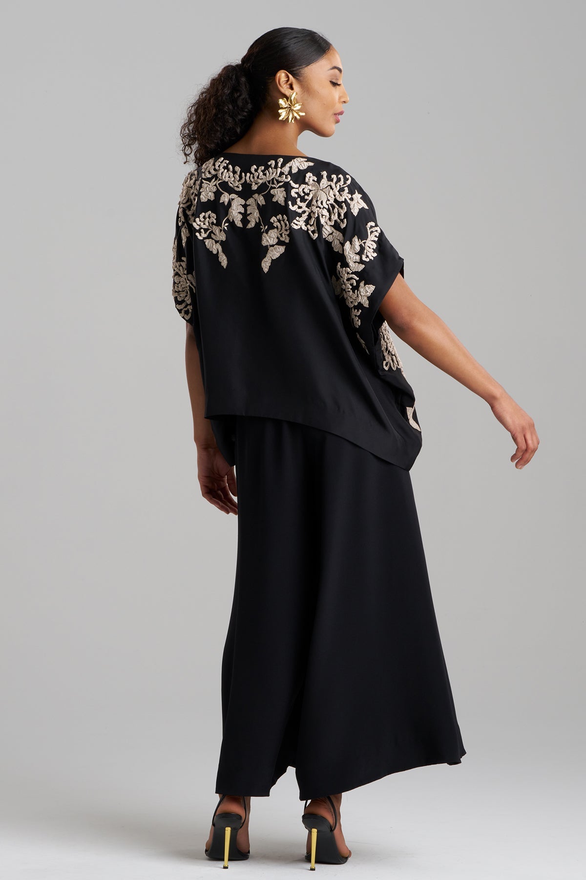 Couture Habotai Embellished Silk Caftan Top Black Natori