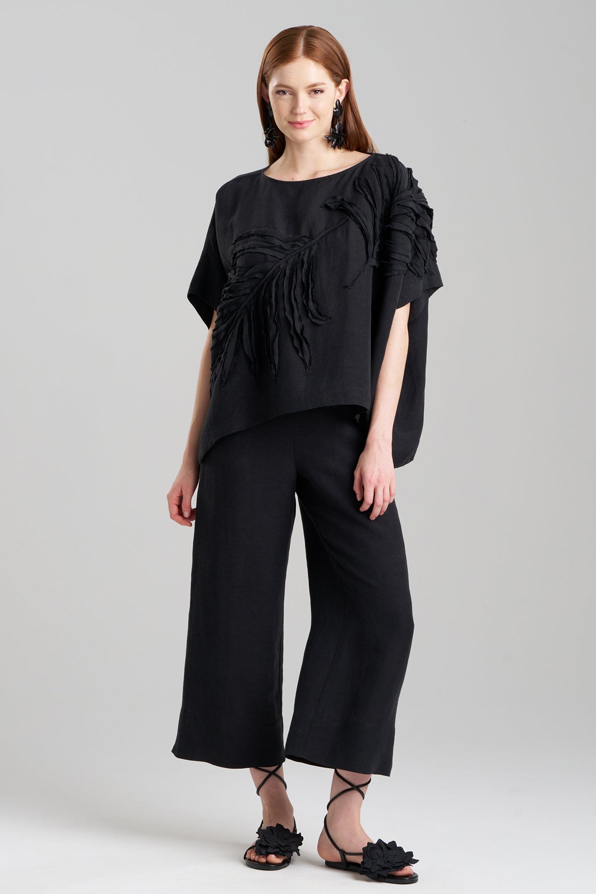 Light Weight Linen Embroidered Caftan Top Black Natori