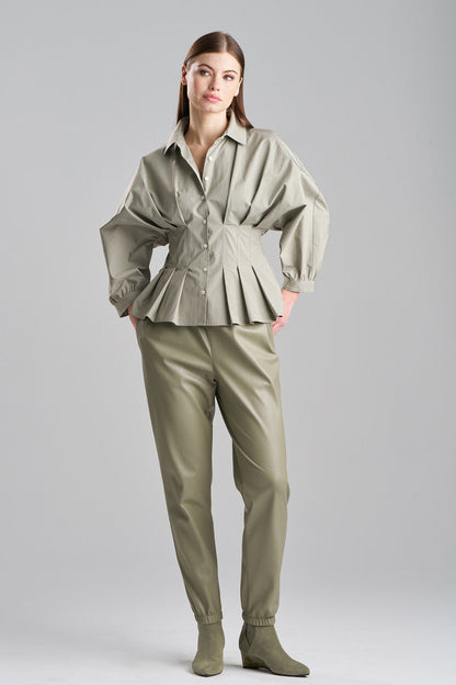 Buy Tech Cotton Taffeta Pleated Shirt in Light Sage Online Light Sage Natori