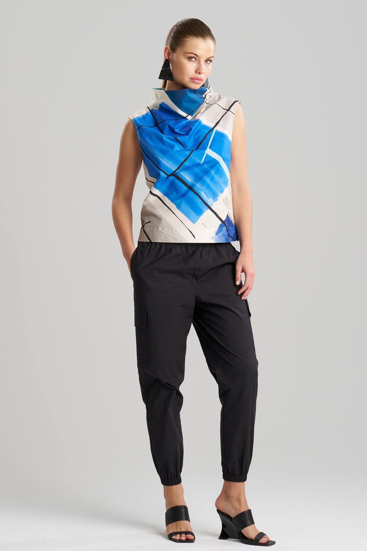 Buy Sorairo Printed Cotton Poplin Funnel Neck Top online Aster/Grey Natori