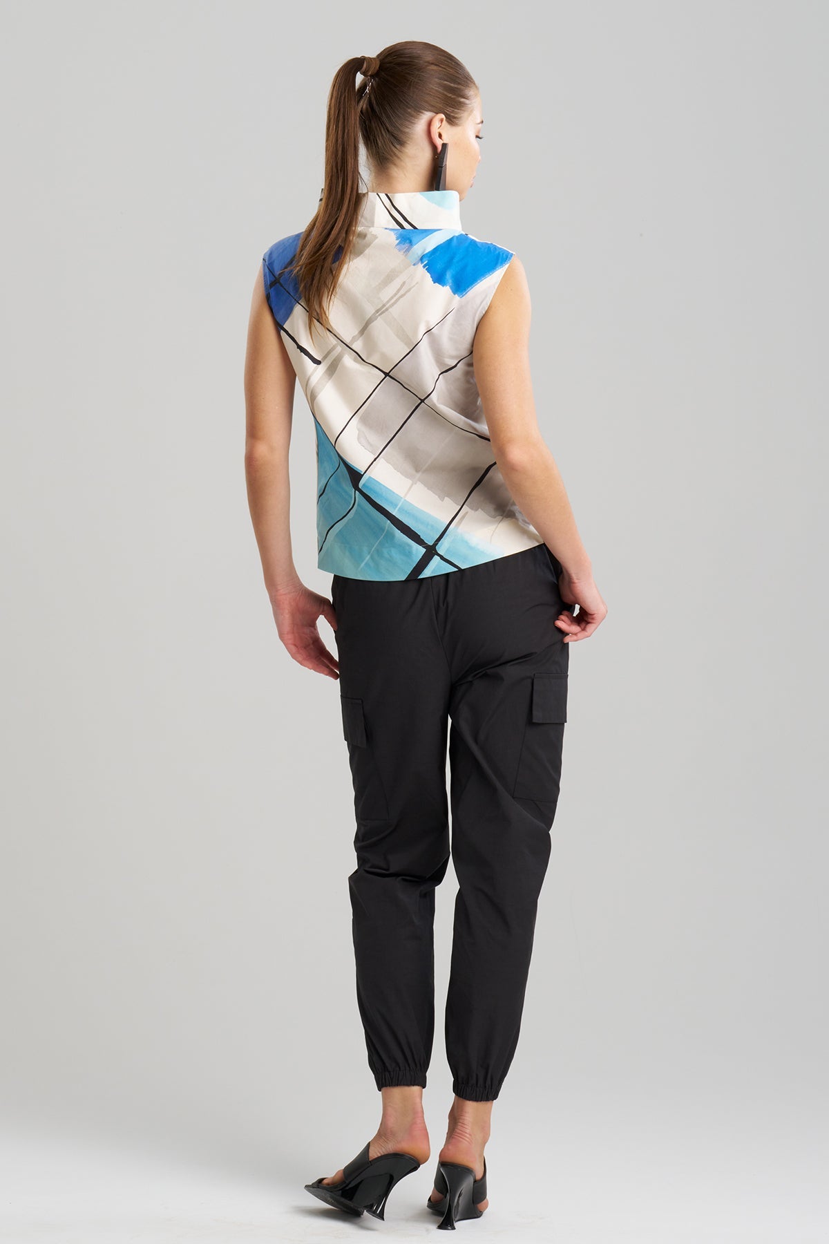 Buy Sorairo Printed Cotton Poplin Funnel Neck Top online Aster/Grey Natori