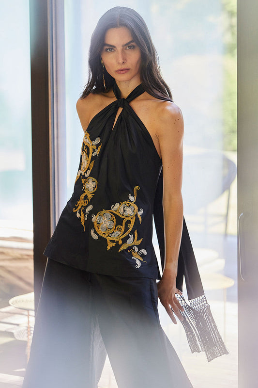 Buy Silk Dupioni Embroidered Halter Top in Black Online Black Natori