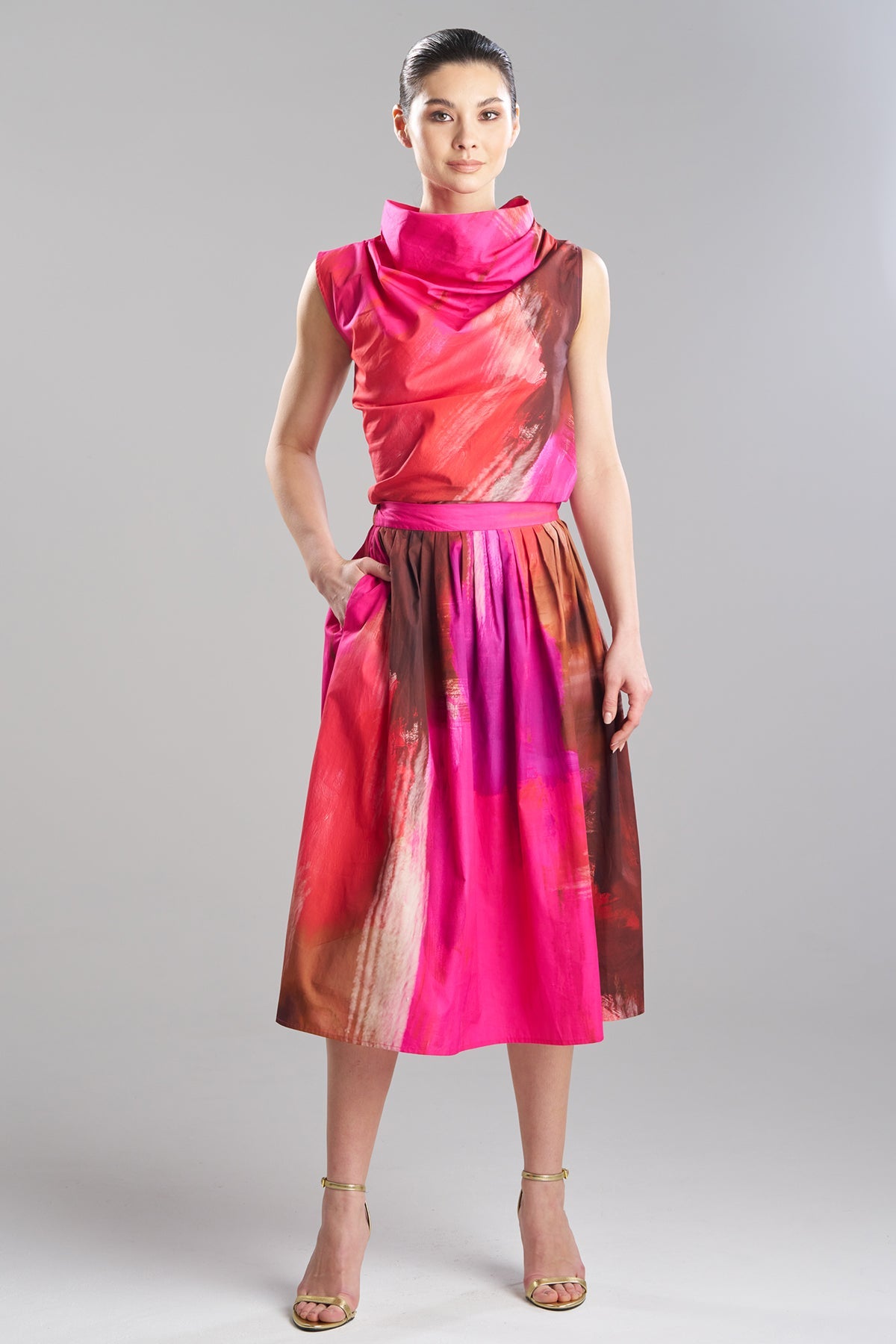 Brushstroke Cotton Taffeta Pull On Midi Skirt Magenta Natori