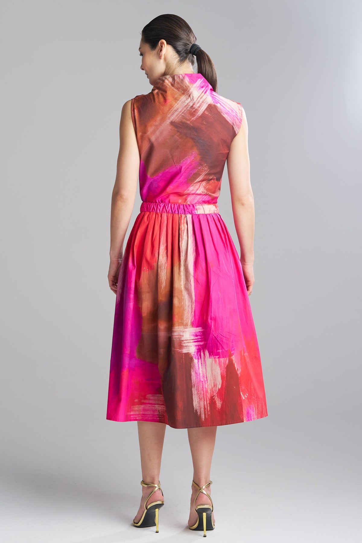 Brushstroke Cotton Taffeta Pull On Midi Skirt Magenta Natori
