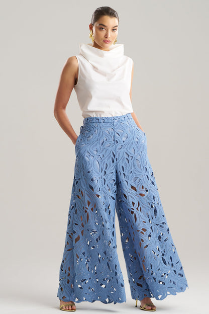 Cutout Leaf Lace Pull On Palazzo Pants Blue Iris Natori