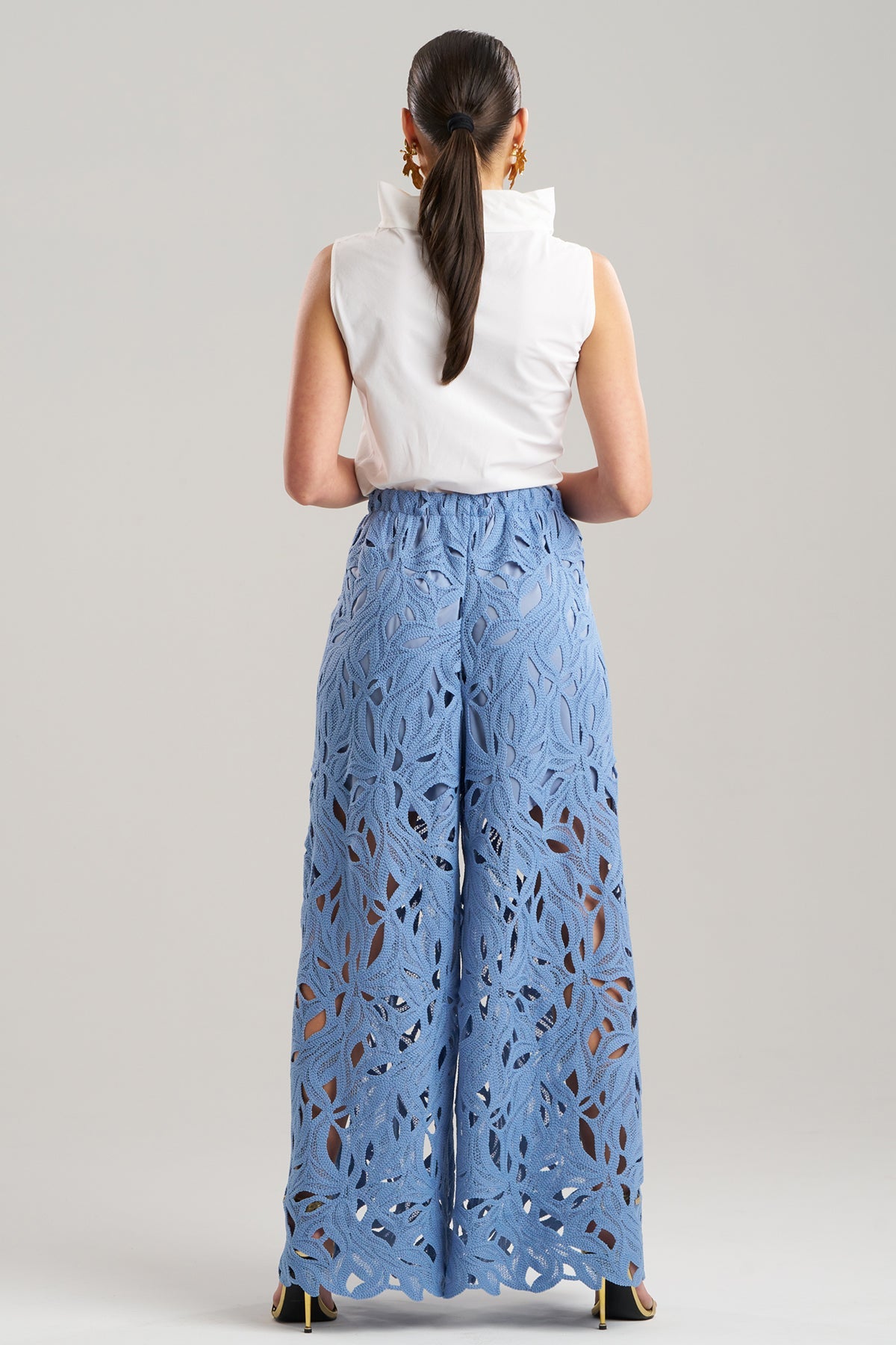 Cutout Leaf Lace Pull On Palazzo Pants Blue Iris Natori