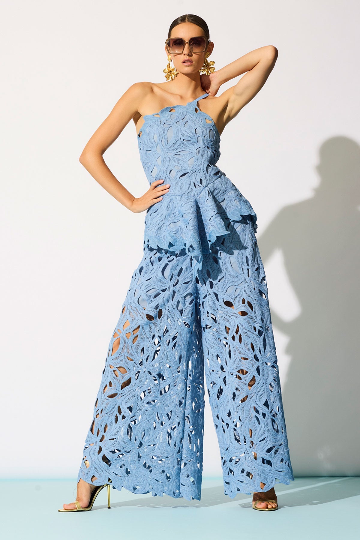 Cutout Leaf Lace Pull On Palazzo Pants Blue Iris Natori