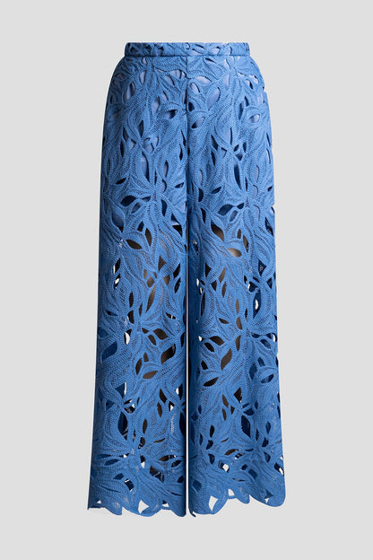 Cutout Leaf Lace Pull On Palazzo Pants Blue Iris Natori