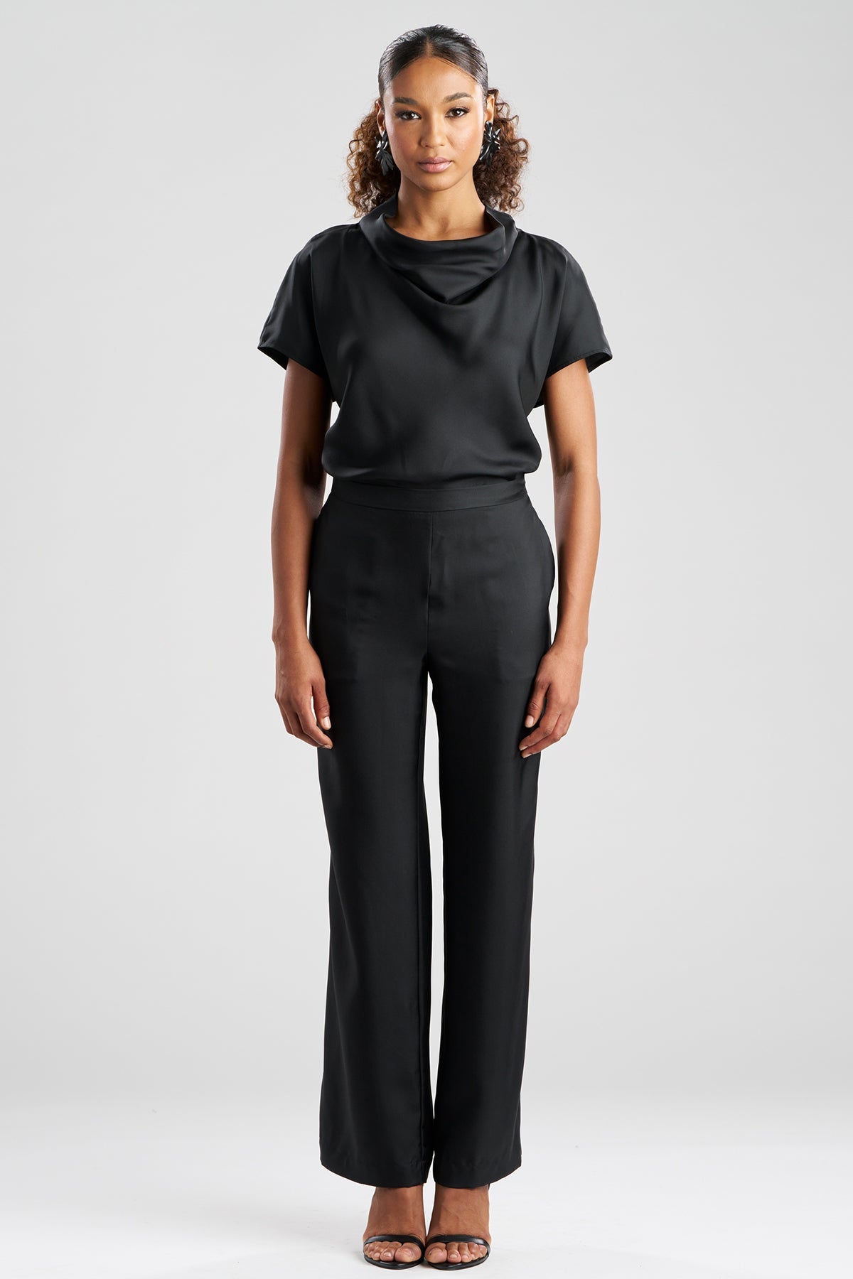 Solid Silk Twill Pull On Straight Leg Pants Black Natori