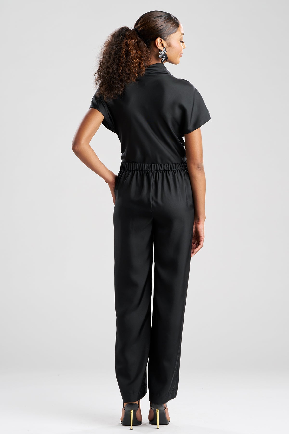 Solid Silk Twill Pull On Straight Leg Pants Black Natori