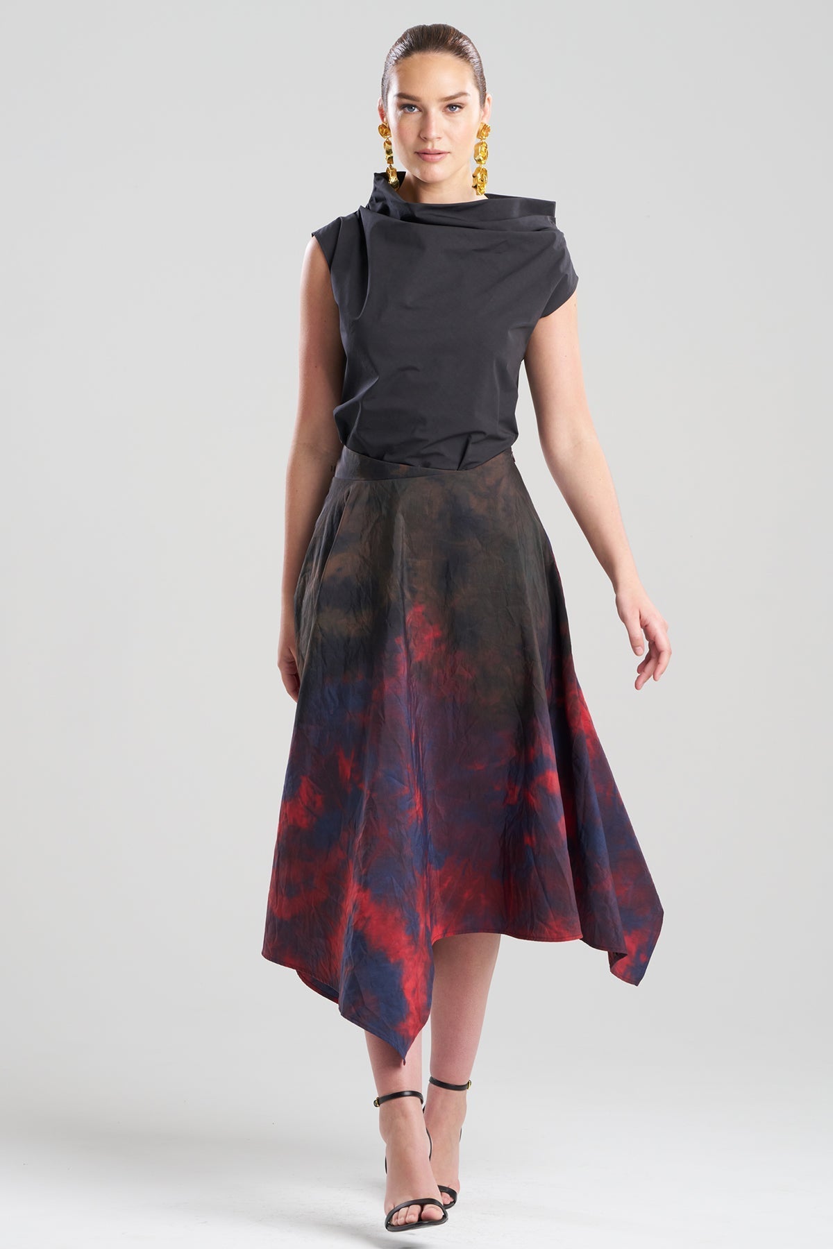 Niji Tie Dye Taffeta Origami Maxi Skirt Red Natori