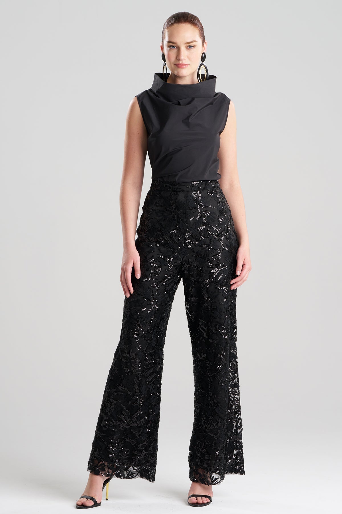 Floral Sequin Lace Side Zip Straight Leg Pants Black Natori