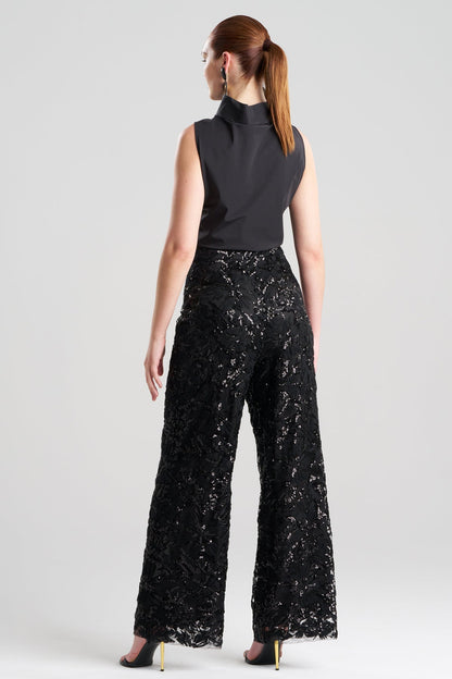 Floral Sequin Lace Side Zip Straight Leg Pants Black Natori