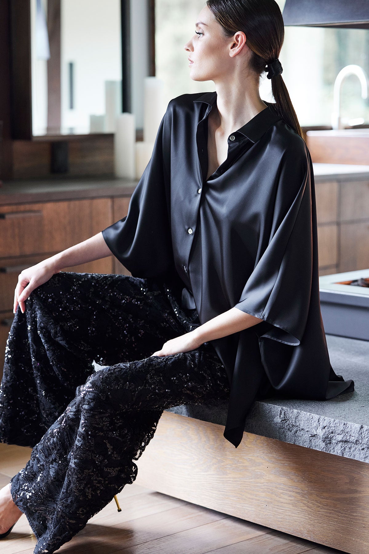 Floral Sequin Lace Side Zip Straight Leg Pants Black Natori