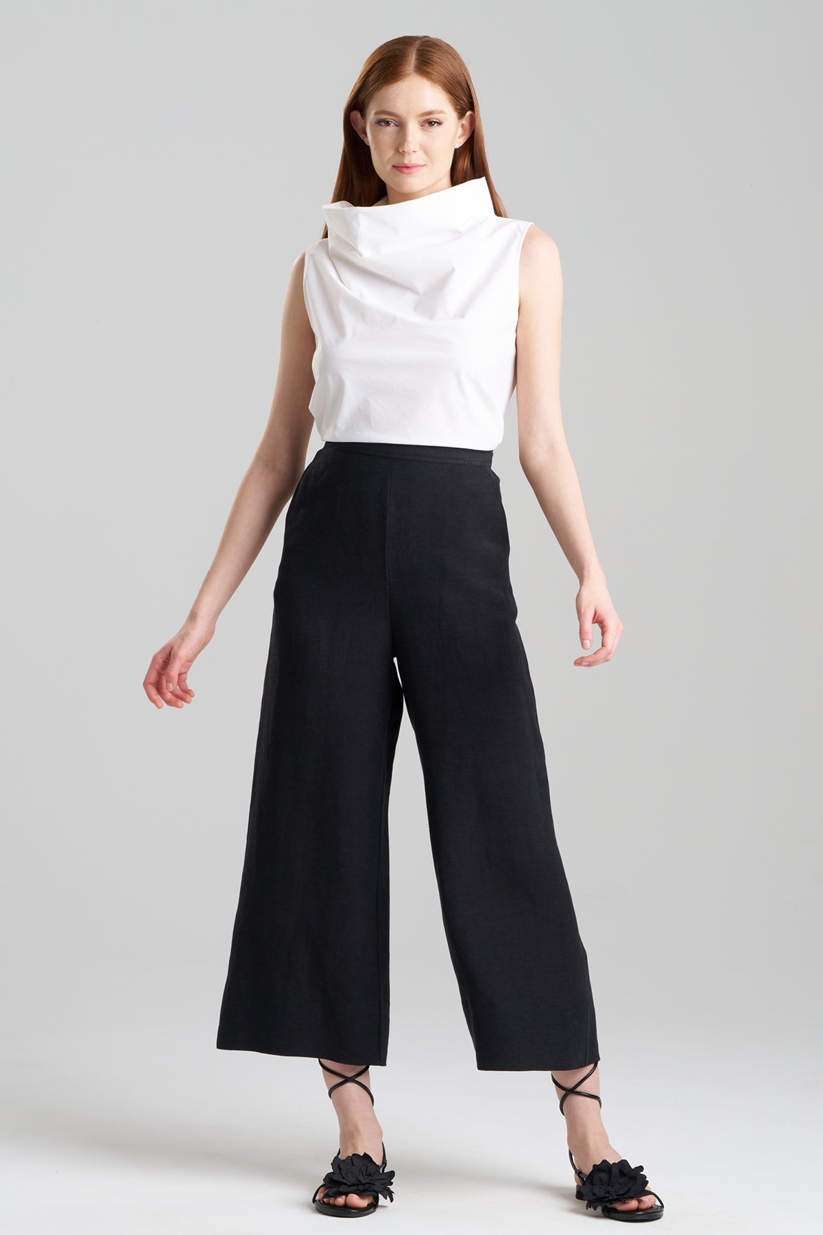 Light Weight Linen Cropped Wide Leg Pants Black Natori