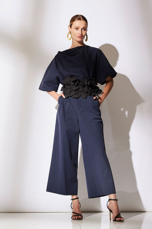 Tech Cotton Taffeta Pull Over Cropped Pants in Navy Blue Midnight Navy Natori