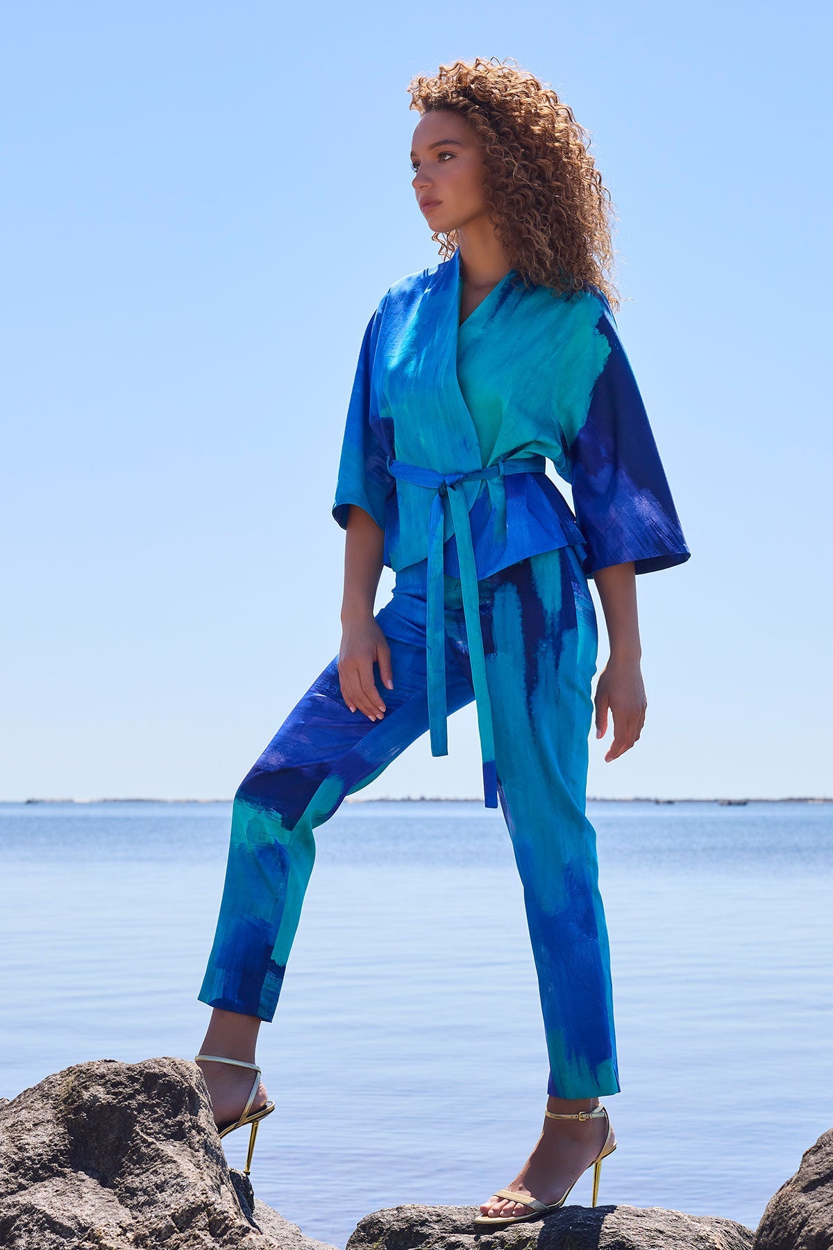 Brushstroke Cotton Chino Belted Kimono Jacket Blue Natori