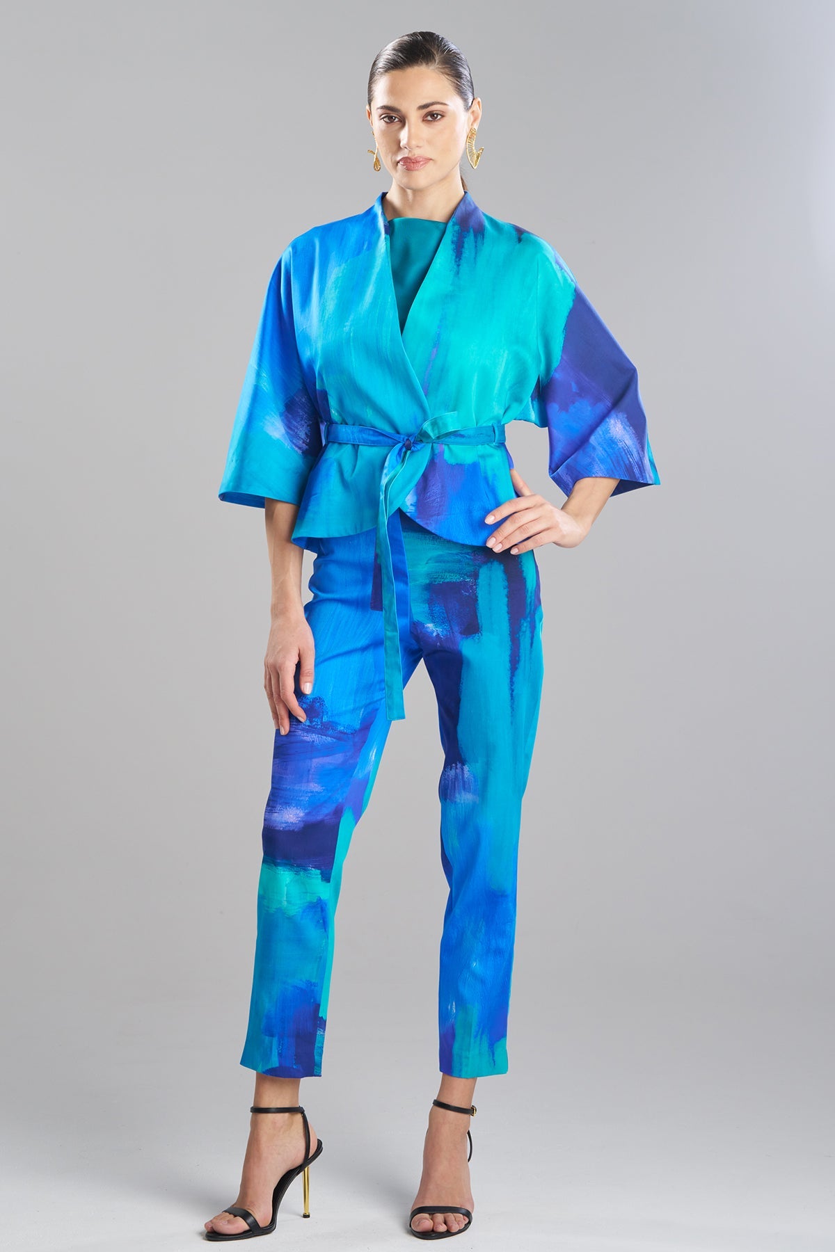 Brushstroke Cotton Chino Belted Kimono Jacket Blue Natori