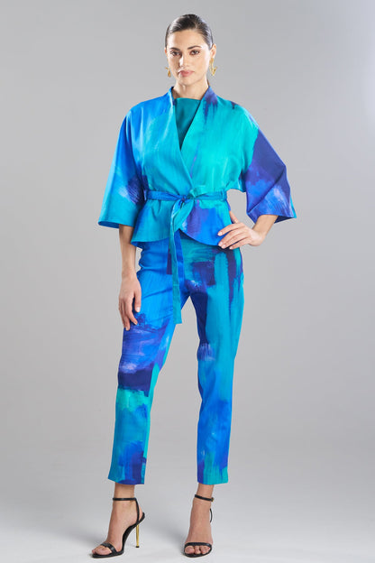 Brushstroke Cotton Chino Belted Kimono Jacket Blue Natori