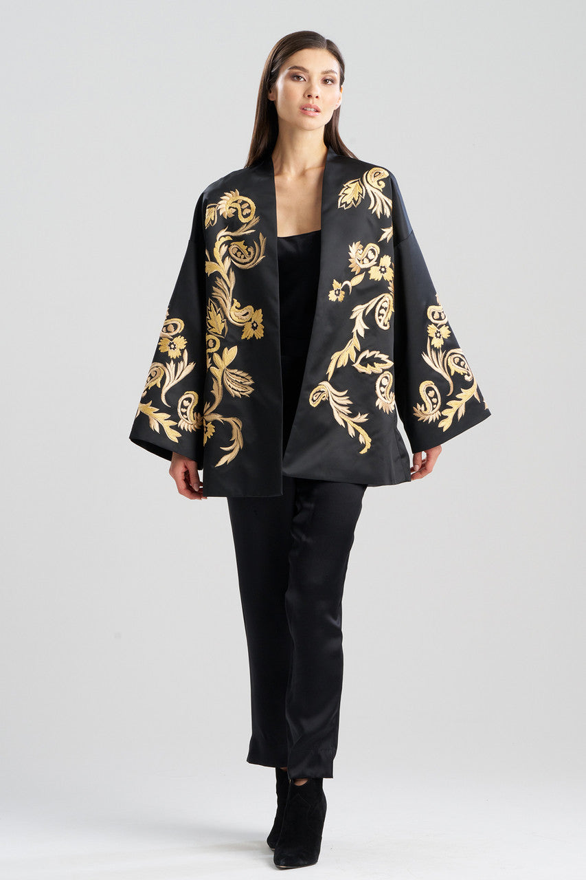 Buy Duchess Satin Embroidered Coat in Black Online Black Natori