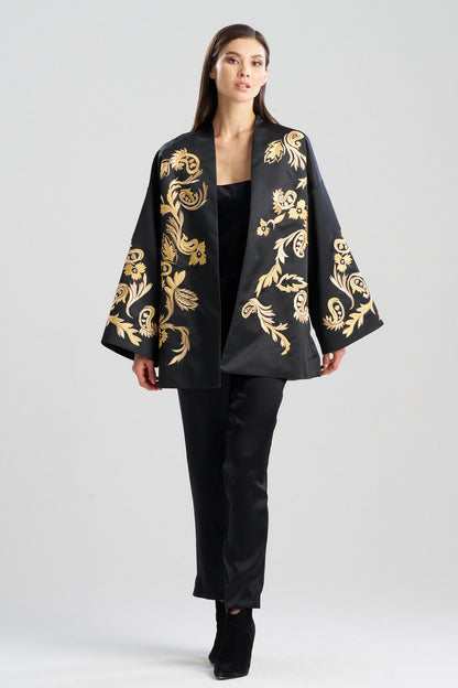 Buy Duchess Satin Embroidered Coat in Black Online Black Natori
