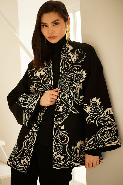 Buy Felt Embroidered Coat in Black Online Black Natori