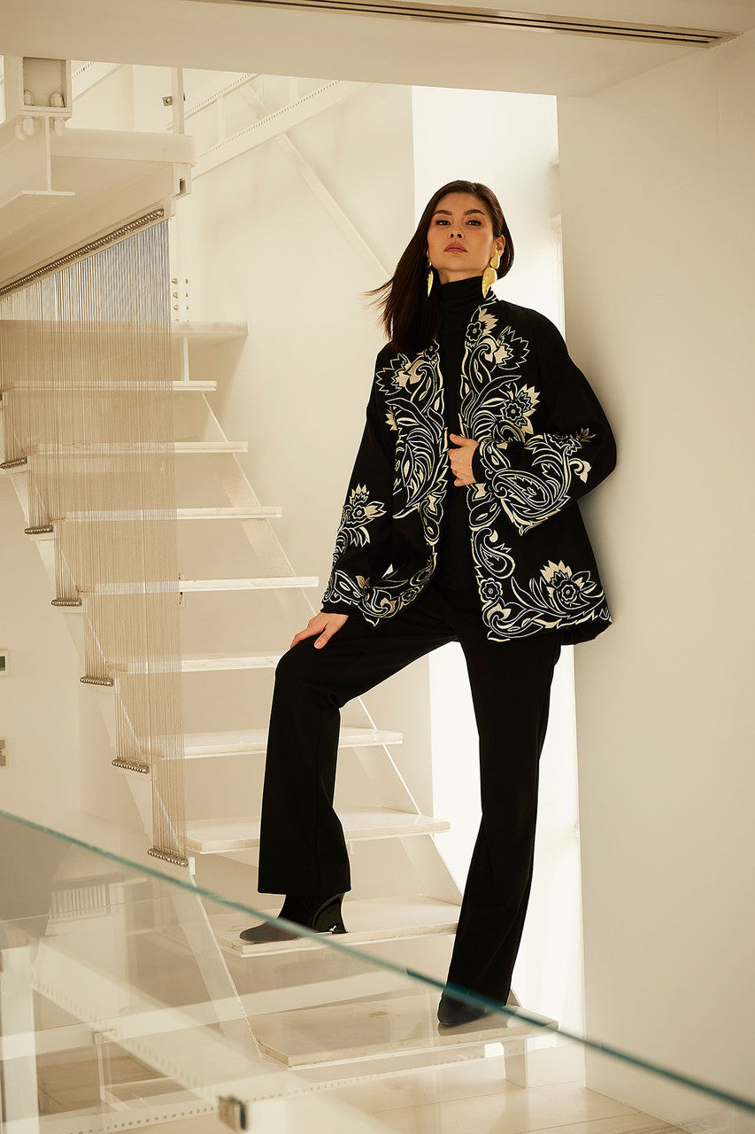 Buy Felt Embroidered Coat in Black Online Black Natori