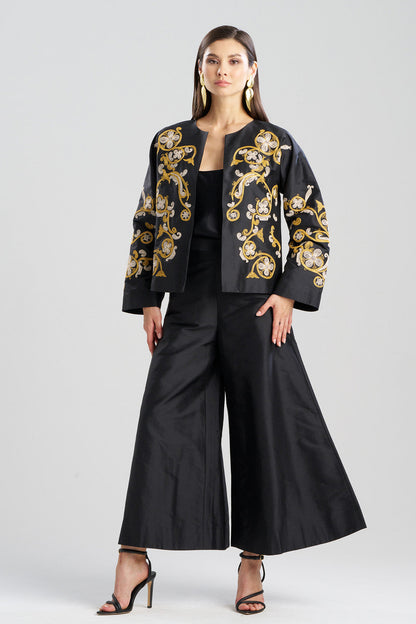 Buy Silk Dupioni Embroidered Crop Jacket in Black Online Black Natori