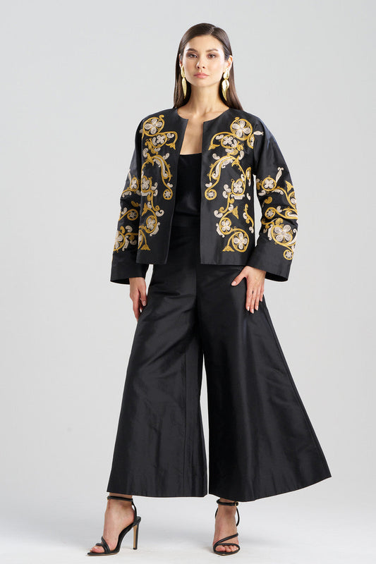 Buy Silk Dupioni Embroidered Crop Jacket in Black Online Black Natori
