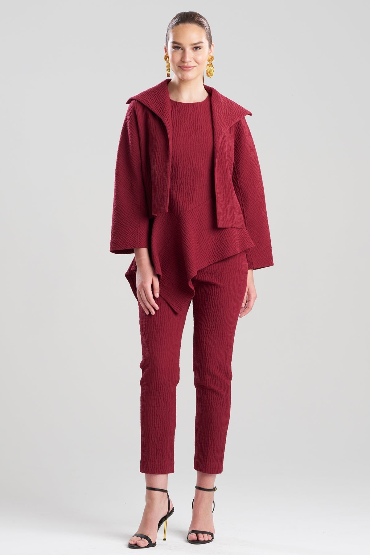 Textured Cotton Jacquard Stand Collar Jacket Ruby Natori
