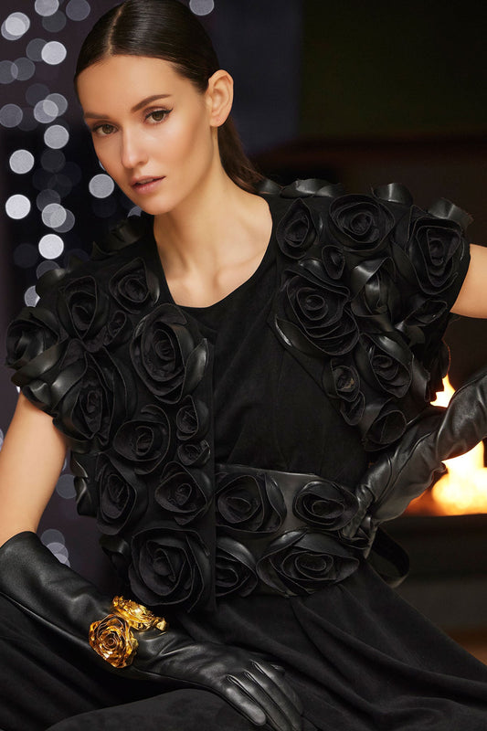 Vegan Luxe Suede 3D Floral Embroidered Vest Black Natori