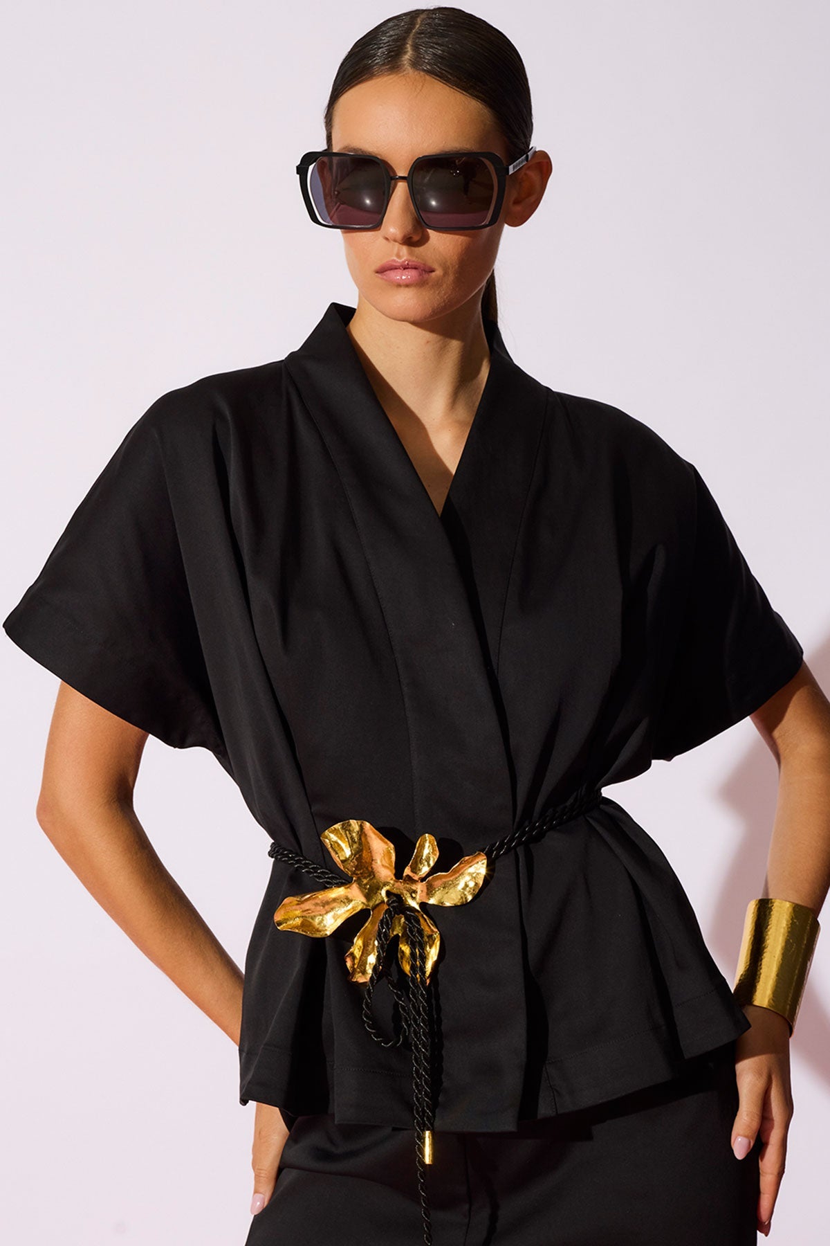 Cotton Chino Pleated Cap Sleeve Jacket Black Natori