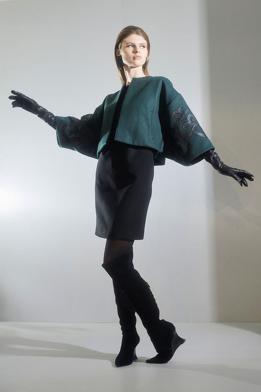 Buy Felt Embroidered Cropped Jacket in Bottle Green Online Bottle Green Natori