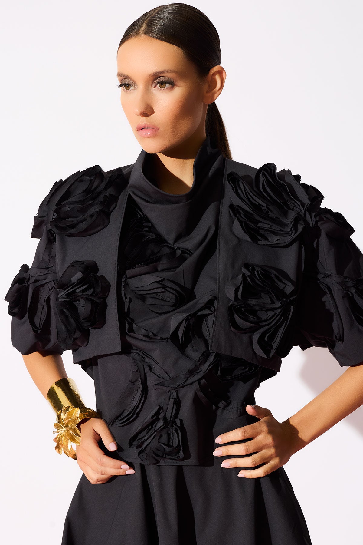 Tech Cotton Taffeta 3D Embroidered Bolero Black Natori
