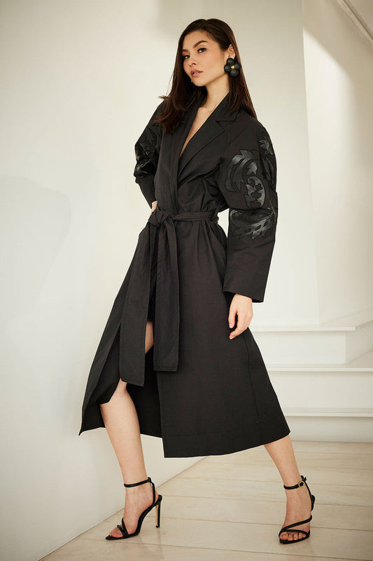 Buy Tech Cotton Taffeta Embroidered Trench Coat in Black Online Black Natori