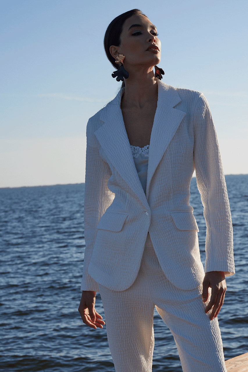 Buy Textured Cotton Jacquard Jacket in White Online White Natori
