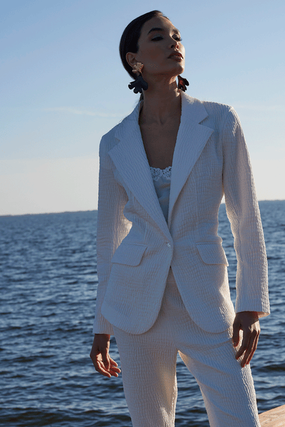 Buy Textured Cotton Jacquard Jacket in White Online White Natori