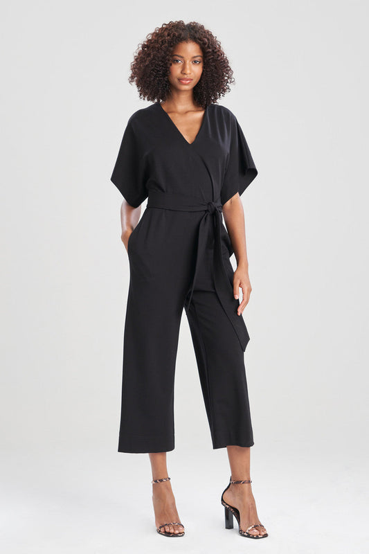 Buy Light Weight Ponte Kimono V-Neck Jumpsuit in Black Online Black Natori