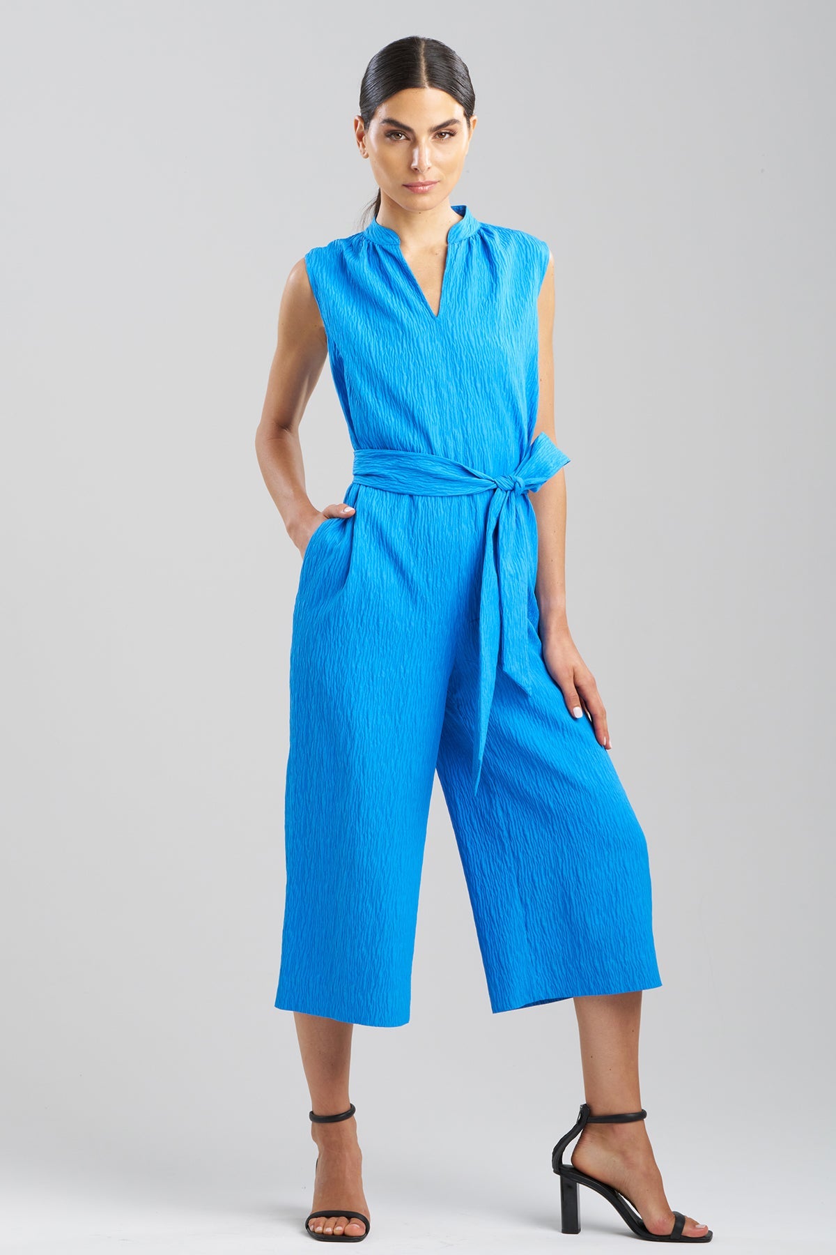 Textured Jacquard Mandarin Jumpsuit Malibu Blue Natori