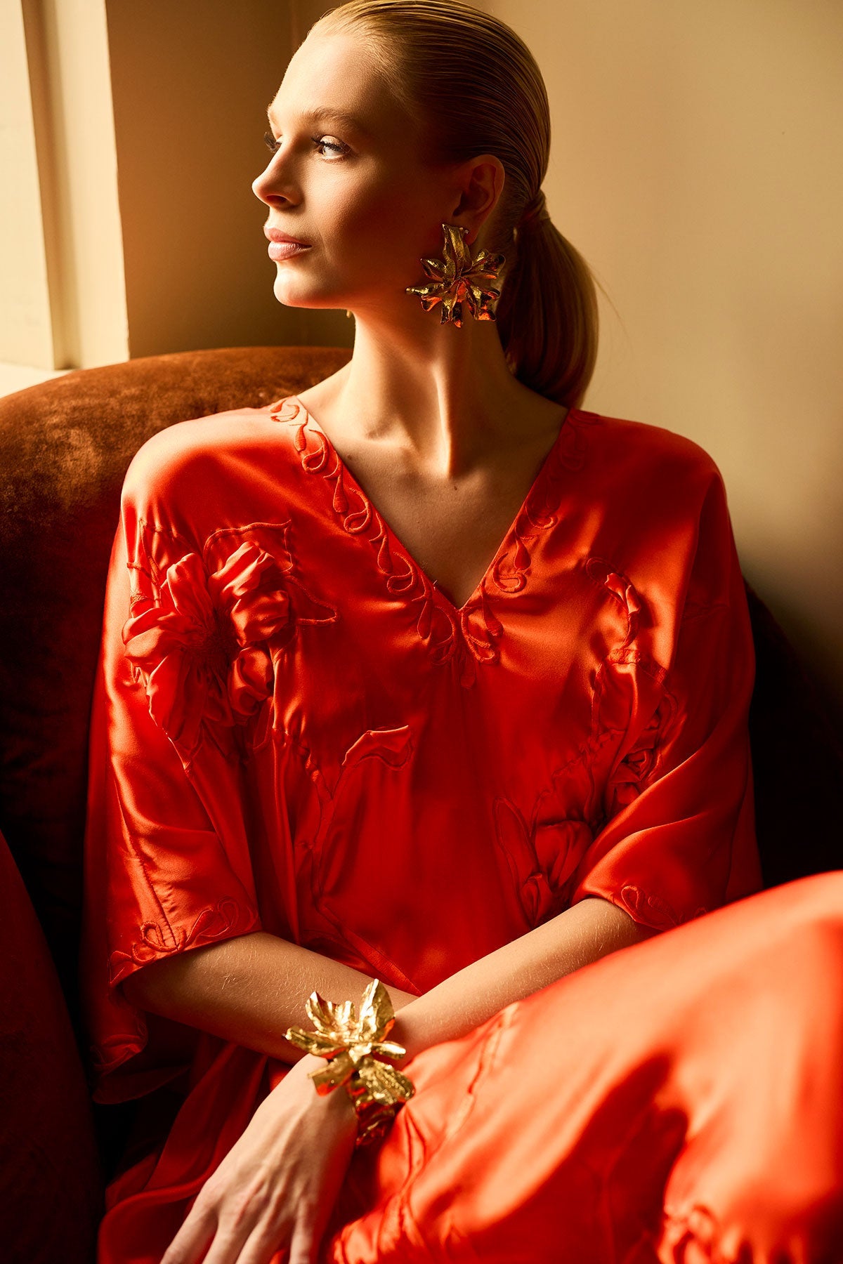 Couture Mokuren Embroidered Silk Caftan Blood Orange Natori