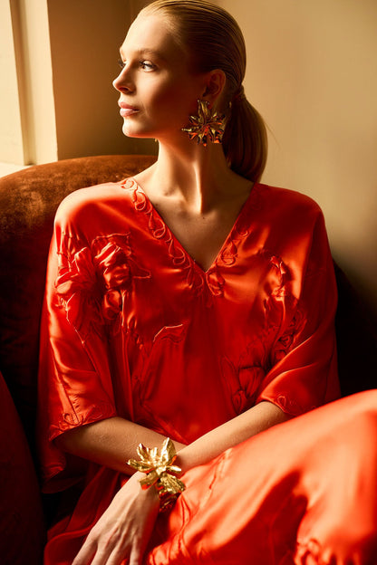 Couture Mokuren Embroidered Silk Caftan Blood Orange Natori