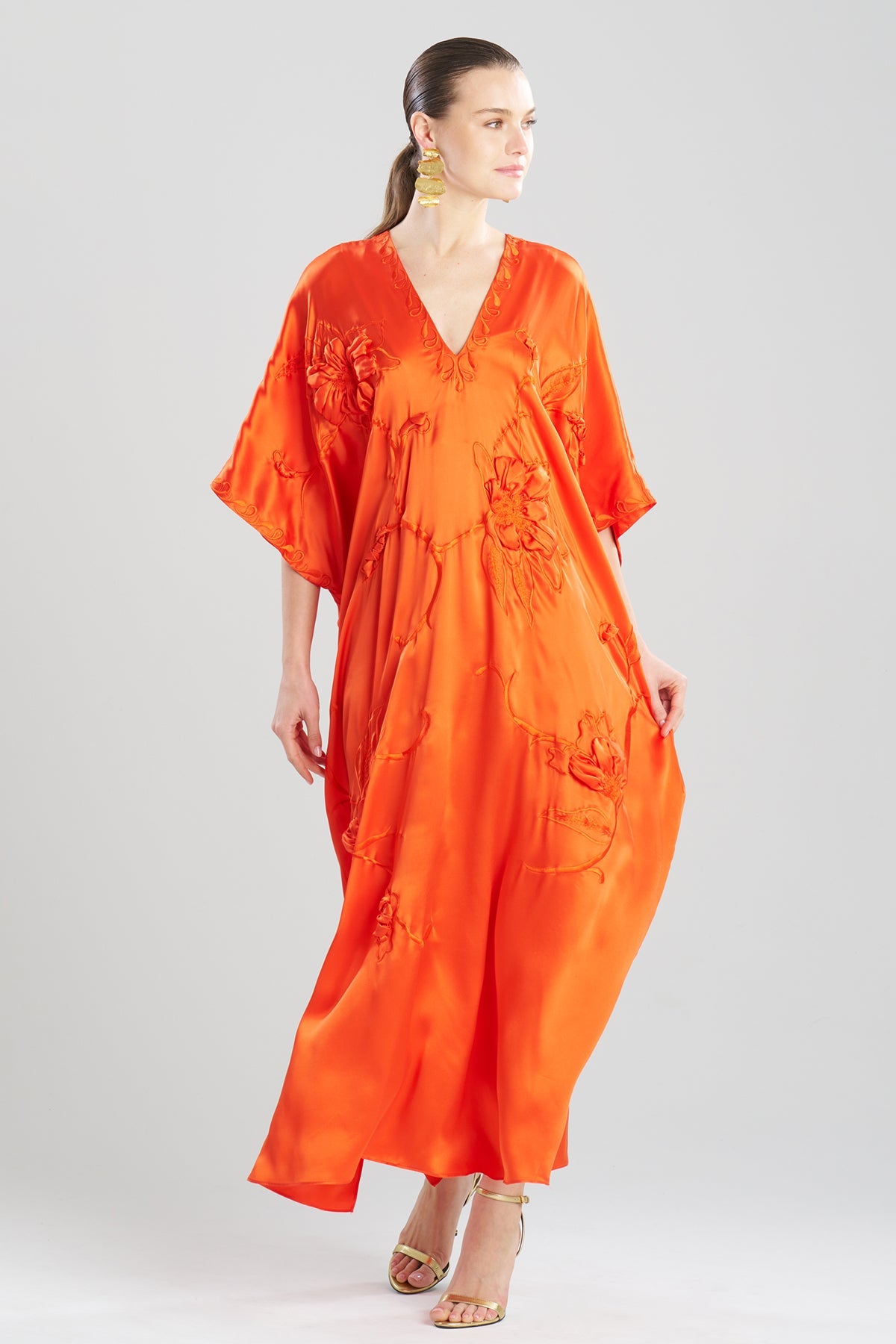 Couture Mokuren Embroidered Silk Caftan Blood Orange Natori