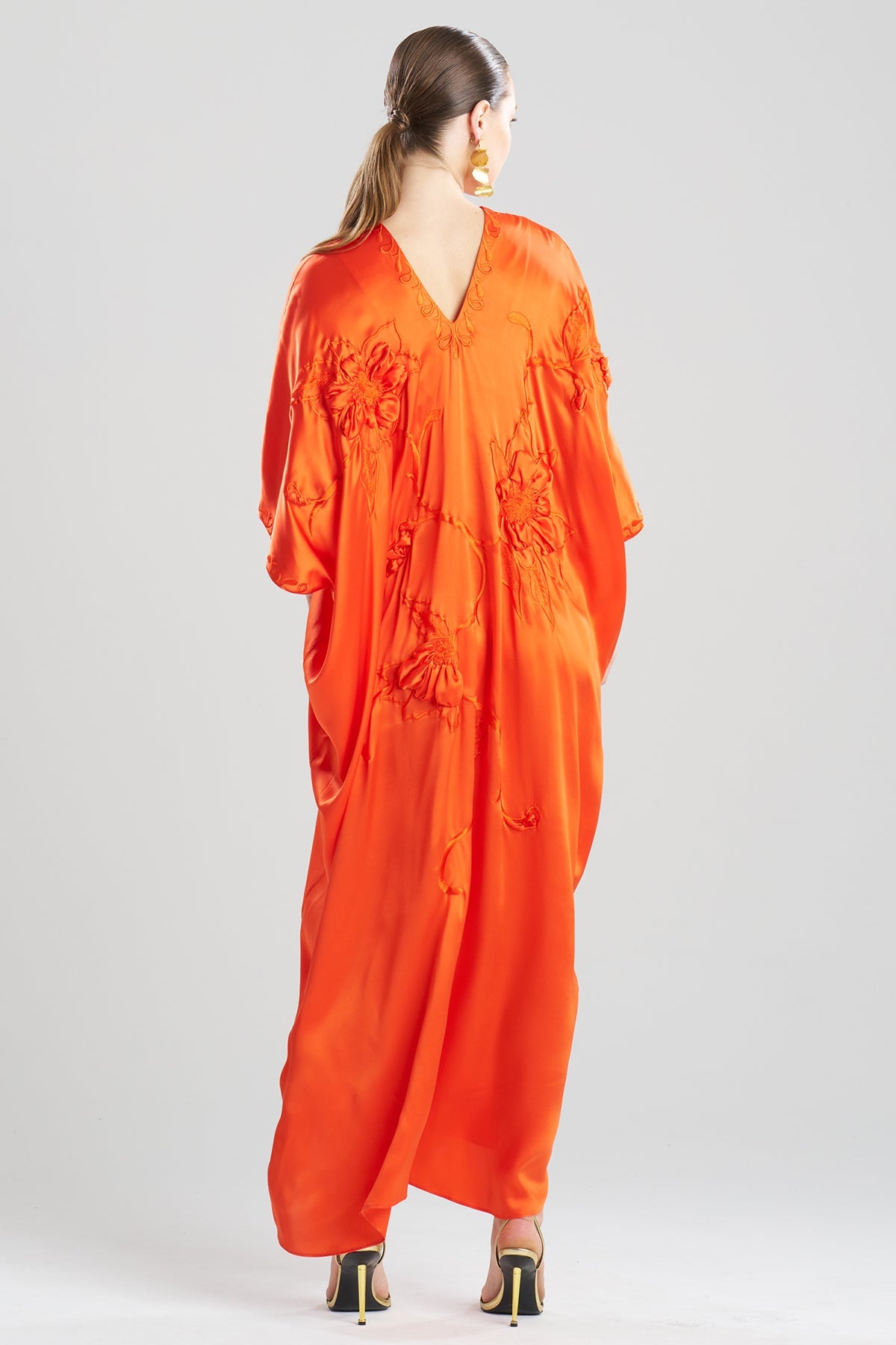 Couture Mokuren Embroidered Silk Caftan Blood Orange Natori