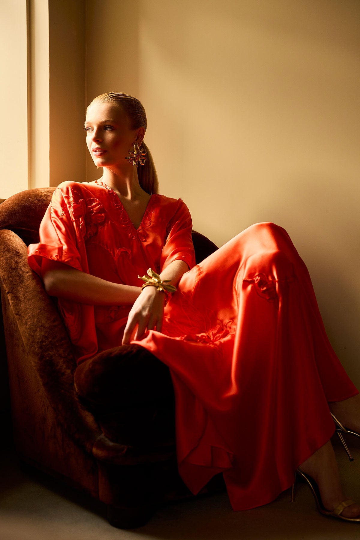 Couture Mokuren Embroidered Silk Caftan Blood Orange Natori