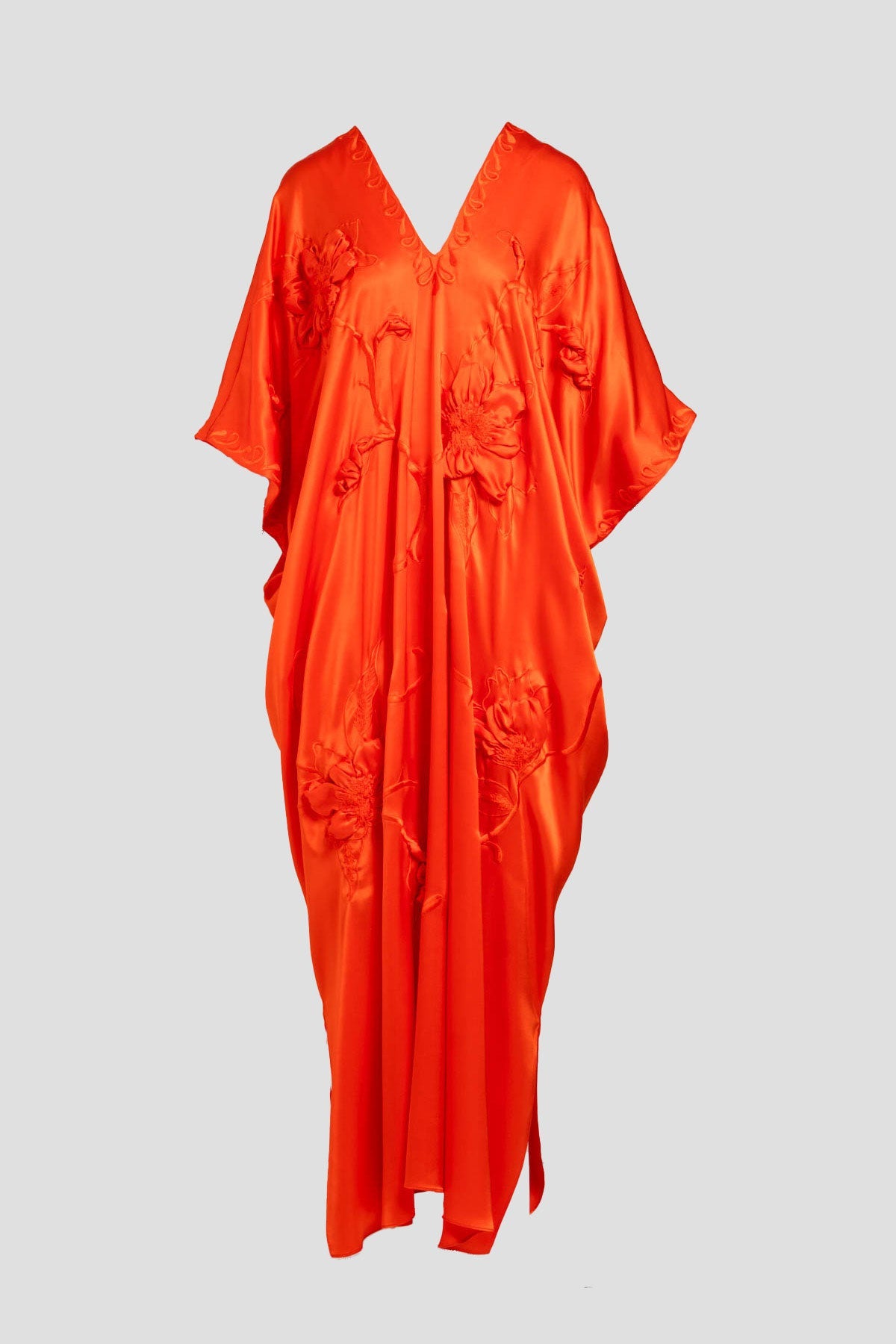 Couture Mokuren Embroidered Silk Caftan Blood Orange Natori