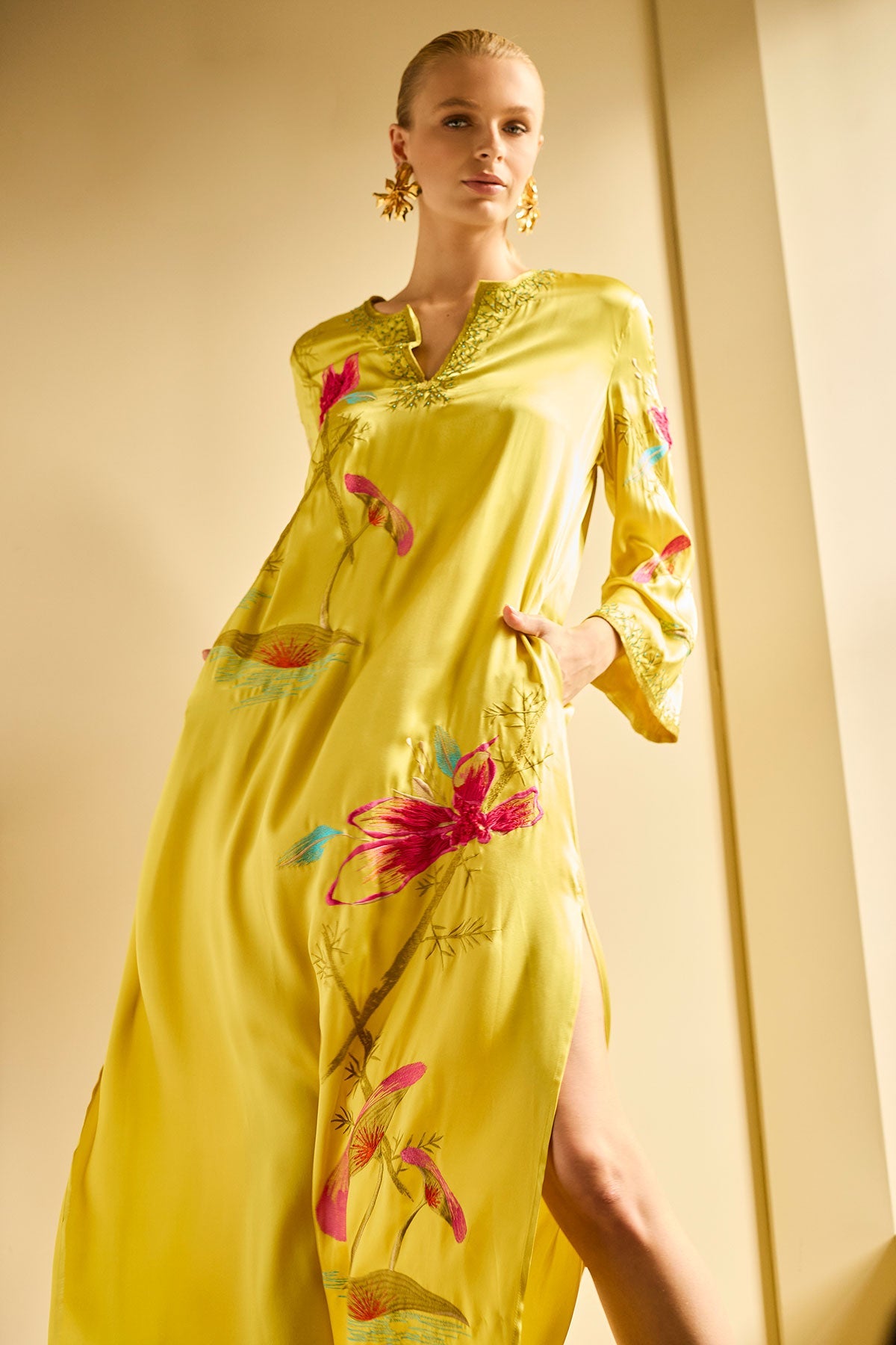 Couture Bali Embroidered Silk Caftan Citrus Natori