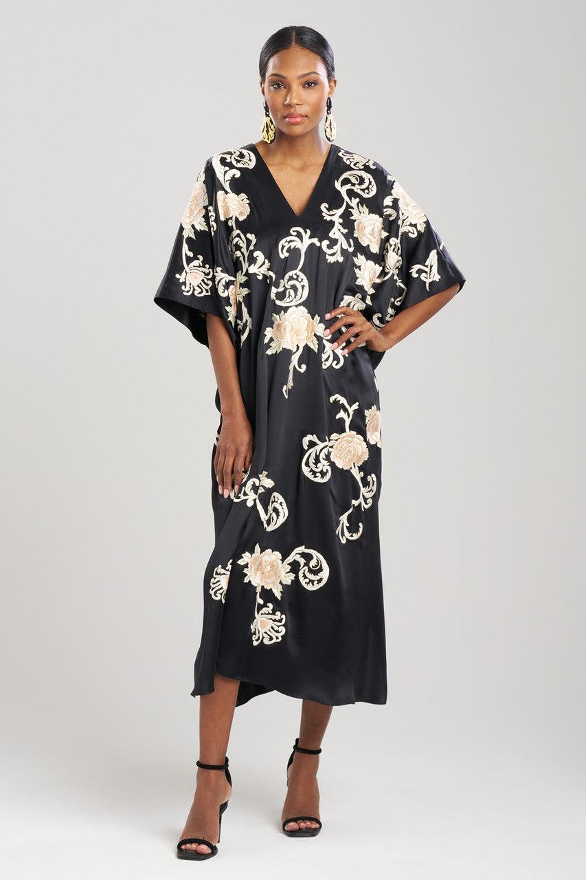 Buy Key Essentials Embroidered Floral Silk Caftan in Black Online Black Natori