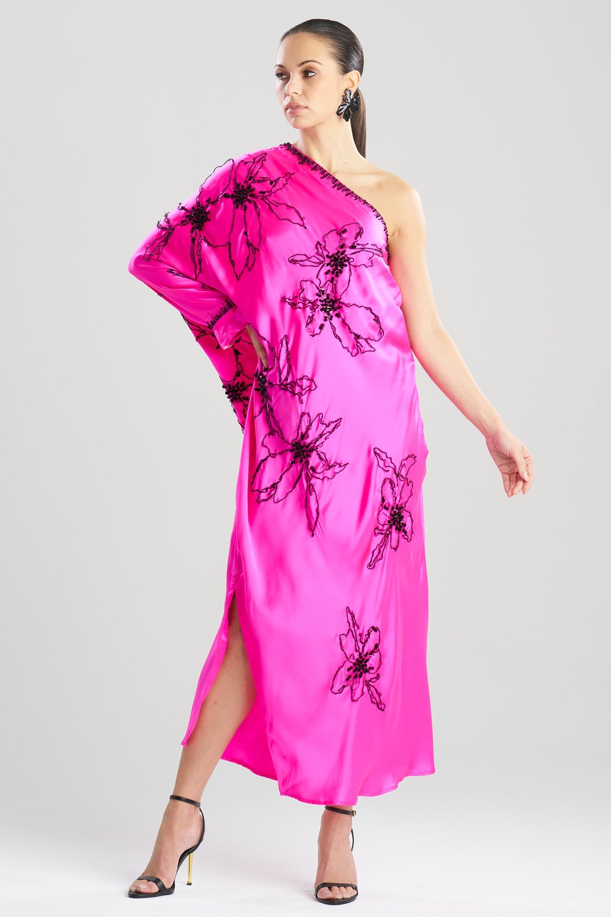 Couture Yumi One Shoulder Embroidered Silk Caftan Fiesta Pink Natori